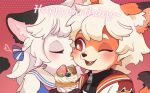  1boy 1girl :d blonde_hair blush cake cat_girl closed_eyes couple food fox_boy furry furry_female furry_male halftone halftone_background happy_birthday hetero highres holding holding_food hua_hua_de_meme kiss kissing_cheek long_hair orange_fur original red_background short_hair smile strawberry_cake upper_body white_fur white_hair 