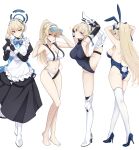  1girl absurdres animal_ears apron aqua_bow black_gloves blonde_hair blue_archive blue_bow blue_bowtie blue_eyes blue_leotard bow bowtie breasts bun_cover detached_collar earpiece elbow_gloves fake_animal_ears fake_tail fingerless_gloves gloves halo highleg highleg_leotard highres leotard long_hair looking_at_viewer maid_headdress official_alternate_costume playboy_bunny rabbit_ears rabbit_tail ribbon short_hair strapless strapless_leotard swimsuit tail toki_(blue_archive) toki_(bunny)_(blue_archive) v visor_cap white_background white_wrist_cuffs wrist_cuffs yoru0409 