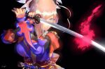  1girl black_background blue_eyes fate/grand_order fate_(series) holding holding_sword holding_weapon katana kibou miyamoto_musashi_(fate) signature solo sword weapon white_hair 
