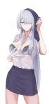  1girl absurdres ak-15_(girls&#039;_frontline) black_bra bra bra_visible_through_clothes breasts cleavage collarbone cowboy_shot girls&#039;_frontline grey_hair hair_over_one_eye hand_up highres holding holding_towel large_breasts long_hair parted_lips purple_eyes purple_skirt see-through see-through_shirt shirt shirt_tucked_in short_sleeves simple_background skirt solo steaming_body sweat towel towel_on_head underwear very_long_hair white_background white_shirt yotsuyama_(yomo8ama) 