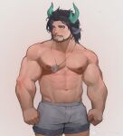  1boy abs absurdres animal_ears bara cow_boy cow_ears cow_horns eyebrow_cut facial_hair feet_out_of_frame goatee green_eyes green_horns grey_shorts highres horns large_pectorals looking_to_the_side male_focus mature_male medium_hair mr_samoye muscular muscular_male mustache navel nipples original pectorals short_shorts shorts solo standing stomach strongman_waist thick_eyebrows topless_male 