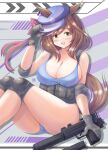  1girl absurdres alternate_costume animal_ears breasts brown_hair cleavage commentary gloves gun hair_ornament hairclip hat highres horse_girl knee_pads large_breasts looking_at_viewer matikane_tannhauser_(umamusume) medium_hair military open_mouth simple_background solo tong_shui umamusume weapon yellow_eyes 