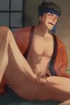  1boy anus bar_censor bara bare_pectorals blue_headband blush censored facial_hair feet_out_of_frame flaccid goatee hair_bun headband highres japanese_clothes jodo_(cffg7727) kimono large_pectorals leg_grab looking_at_viewer male_focus male_pubic_hair naked_kimono navel nipples orange_eyes orange_kimono pectorals penis presenting pubic_hair revenger short_hair sideburns small_penis solo souji_(revenger) spread_legs stomach stubble thick_thighs thighs toned toned_male tsundere 