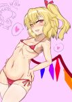  1girl bikini blonde_hair breasts cameltoe chibi chibi_inset commentary_request covered_nipples crystal flandre_scarlet heart highres hypnosis legion_(lovers6) looking_at_viewer micro_bikini mind_control one_side_up pink_background red_bikini red_eyes short_hair simple_background small_breasts solo spoken_heart swimsuit thighhighs touhou white_thighhighs wings 