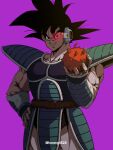  1boy absurdres armor artist_name bangs biceps black_eyes black_hair breastplate cowboy_shot dragon_ball dragon_ball_z food fruit hair_between_eyes hand_on_hip hand_up highres holding holding_food holding_fruit horang4628 looking_at_viewer male_focus monkey_tail muscular muscular_male parted_lips purple_background saiyan_armor scouter shoulder_armor simple_background smile smirk solo spiked_hair standing tail tail_around_waist teeth tullece twitter_username v-shaped_eyebrows vambraces 