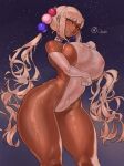  1girl bare_hips bare_shoulders blonde_hair blush breasts choker dark-skinned_female dark_skin elbow_gloves gloves hair_ornament highres hololive hololive_english huge_breasts leotard long_hair looking_at_viewer navel_piercing ourobot piercing planet_hair_ornament sky smile solo star_(sky) starry_sky thick_thighs thighs tsukumo_sana twintails twitter_username very_long_hair virtual_youtuber white_leotard wide_hips yellow_eyes 