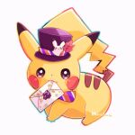  animal_focus artist_name colored_skin commentary_request dot_nose envelope from_side gastly hanabusaoekaki hat no_humans pikachu pokemon pokemon_(creature) simple_background solid_oval_eyes tail top_hat white_background yellow_skin 