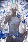  1boy arjuna_(fate) arjuna_alter_(fate) artist_name blue_butterfly blue_horns blue_nails blue_ribbon bug butterfly choker dark-skinned_male dark_skin eyeshadow fate/grand_order fate_(series) grey_eyes hair_between_eyes hand_up highres horns long_hair looking_at_viewer makeup male_focus navel ribbon ribbon_choker solo sqloveraven standing tail tongue tongue_out topless_male very_long_hair white_hair 