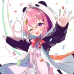  1girl ;d ahoge animal_hood bow bowtie cardigan confetti earrings fang highres hood hood_up hooded_jacket jacket jewelry mole mole_under_eye nijisanji one_eye_closed panda_hood pink_cardigan pink_eyes pink_hair red_bow red_bowtie sasaki_saku sasaki_saku_(1st_costume) short_hair skin_fang smile solo virtual_youtuber yatani_row 