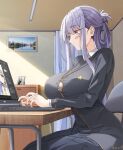 1girl artist_name black_jacket black_skirt blush breasts chair collared_shirt commentary commission commissioner_upload computer covered_navel drawer emblem folded_ponytail from_side grey_hair highres index_(toaru_majutsu_no_index) indoors jacket jewelry keenh keyboard_(computer) laptop large_breasts long_hair looking_at_screen mixed-language_commentary necklace original picture_(object) picture_frame pleated_skirt portrait_(object) purple_eyes school_uniform shidarezakura_school_uniform shirt sidelocks signature sitting skirt solo soul_gem swept_bangs toaru_kagaku_no_railgun toaru_majutsu_no_index typing wooden_desk 