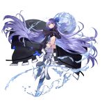  1girl absurdres black_coat blue_eyes coat fate/extra fate/extra_ccc fate/grand_order fate_(series) hair_ribbon highres knee_spikes long_hair meltryllis_(fate) navel prosthesis prosthetic_leg purple_hair ribbon sleeves_past_fingers sleeves_past_wrists user_frzm4382 very_long_hair water white_background 