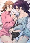  3girls asahina_mafuyu black_shirt blue_eyes blue_sweater blush breasts brown_hair closed_mouth ge-b girl_sandwich grey_hair hair_between_eyes hand_on_another&#039;s_cheek hand_on_another&#039;s_face highres large_breasts long_hair long_sleeves looking_at_another lying medium_hair mochizuki_honami multiple_girls off_shoulder on_bed on_side open_mouth pink_sweater ponytail profile project_sekai purple_hair sandwiched shirt shorts sweater white_shorts yoisaki_kanade yuri 