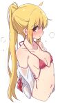  1girl bikini blonde_hair bocchi_the_rock! breasts collarbone covered_nipples highres ijichi_nijika long_hair looking_at_viewer mel_(melty_pot) micro_bikini navel red_bikini side_ponytail simple_background small_breasts solo swimsuit untied untied_bikini white_background 