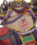  2023 anthro armor asian_clothing belly big_belly brown_body brown_fur clothed clothing east_asian_clothing fur headgear helmet hi_res japanese_clothing kemono male mammal moobs navel overweight overweight_male sengoku_puzzle shirokumaou solo weapon 