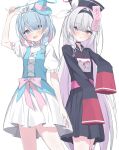  2girls absurdres arona_(blue_archive) black_choker black_hairband blue_archive blue_hair blue_halo blush choker cosplay grey_hair hairband halo highres itami_riya long_hair long_sleeves looking_at_viewer multiple_girls open_mouth pink_halo plana_(blue_archive) short_hair short_sleeves simple_background sleeves_past_fingers sleeves_past_wrists white_choker white_hairband 