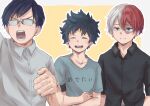  3boys black_shirt blue_hair boku_no_hero_academia burn_scar closed_eyes closed_mouth collared_shirt dark_blue_hair dark_green_hair glasses green_shirt highres iida_tenya laughing male_focus midoriya_izuku multicolored_hair multiple_boys open_mouth outline r1014-chopper red_hair scar scar_on_face shirt short_hair split-color_hair t-shirt todoroki_shouto two-tone_background two-tone_hair white_hair white_outline white_shirt 