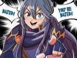  1girl :d armor bangs based_(meme) blue_armor blue_eyes blue_gloves blue_hair blue_scarf dark_blue_hair english_commentary english_text fingerless_gloves fire_emblem fire_emblem_awakening gloves hair_between_eyes high_collar long_hair lucina_(fire_emblem) meme mnejing30 open_mouth pointing pointing_at_viewer scarf smile solo speech_bubble teeth turtleneck v-shaped_eyebrows 