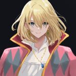  1boy bishounen black_background blonde_hair blue_eyes commentary_request earrings gem hair_over_eyes highres howl_(howl_no_ugoku_shiro) howl_no_ugoku_shiro jewelry male_focus necklace pendant portrait shirt short_hair solo upper_body white_shirt yuurururun 