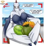  accessory anthro big_breasts blue_hair breasts clothed clothing dayra_(president_alexander) duraludon female food fruit generation_8_pokemon hair hi_res huge_breasts multicolored_body nintendo plant pokemon pokemon_(species) pokemorph president_alexander solo thick_thighs 