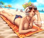  1girl artist_name beach bikini breasts day eyeshadow glasses grey_hair large_breasts looking_at_viewer lying makeup mystra77 on_stomach outdoors palm_tree purah red-framed_eyewear red_eyes red_eyeshadow round_eyewear short_hair solo sunglasses swimsuit the_legend_of_zelda the_legend_of_zelda:_tears_of_the_kingdom tree updo 