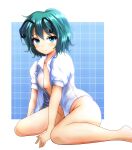  1girl antennae blue_eyes blush breasts breasts_apart closed_mouth collared_shirt commentary_request frown full_body green_hair grid_background kemunpasu_(keeen) looking_at_viewer medium_bangs naked_shirt shirt short_hair short_sleeves sitting small_breasts solo touhou white_background white_shirt wriggle_nightbug yokozuwari 