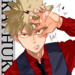  1boy bakugou_katsuki black_necktie black_vest blonde_hair boku_no_hero_academia character_name claw_pose clenched_teeth fingernails grimace long_sleeves looking_at_viewer male_focus mirin_(coene65) necktie red_eyes red_shirt shirt short_hair solo spiked_hair teeth upper_body vest 