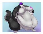  2018 anthro belly big_belly biglovealicia black_body black_fur border canid canine canis cel_shading claws deep_navel digitigrade ears_up finger_claws full-length_portrait fur green_eyes grey_body grey_fur hair hand_on_stomach hi_res huge_belly huge_moobs huge_thighs hyper hyper_belly light lighting looking_at_viewer male mammal morbidly_obese morbidly_obese_anthro navel neck_tuft obese obese_anthro overweight overweight_anthro portrait purple_claws purple_hair shaded signature simple_background solo thick_arms thick_thighs toe_claws tongue tongue_out tuft white_border wolf wolf_tail 