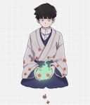  1boy autumn_leaves black_hair blush_stickers bowl_cut collared_shirt ekubo_(mob_psycho_100) fire full_body glowing green_fire grey_background hakama highres hitodama holding japanese_clothes kageyama_shigeo kimono leaf leaf_print long_sleeves looking_at_another looking_down male_focus maple_leaf mob_psycho_100 no_eyes seiza shirt short_hair sitting white_shirt wide_sleeves xxx478xxx 