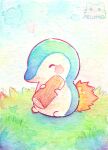  animal_focus artist_name bisquii chibi closed_eyes commentary cyndaquil fire holding log no_mouth painting_(medium) pokemon pokemon_(creature) sitting traditional_media watercolor_(medium) 