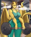  absurd_res anthro athletic athletic_female barbell blue_eyes breasts charley_alister cleavage clothed clothing detailed_background dragon exercise female green_clothing gym half-closed_eyes hi_res horn narrowed_eyes nipple_outline noodlerain sleeveless_shirt solo steam tail tight_clothing white_oyster wide_hips wings yellow_body 