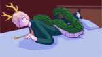  antlers bed bedding dragon eastern_mythology furniture hi_res horn hot_knives humanoid jidiao looking_at_viewer lying not_furry pipe pipe_smoking reptile scalie shell smile touhou turtle yachi_kicchou 