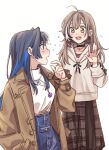  2girls ahoge berry black_choker blue_eyes blue_hair blunt_bangs blush brmameng brown_coat brown_eyes brown_hair brown_hoodie brown_skirt candy choker coat denim earrings flying_sweatdrops food hair_down hair_intakes high-waist_pants highres hime_cut hololive hololive_english hood hoodie jeans jewelry lollipop long_hair long_skirt looking_at_another multicolored_hair multiple_girls nanashi_mumei necklace official_alternate_costume ouro_kronii oversized_clothes pants plaid plaid_skirt red_shirt runes shirt shirt_tucked_in sidelocks skirt sparkle streaked_hair teeth turtleneck upper_teeth_only virtual_youtuber waving white_shirt yuri 