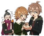  3boys :d ahoge animal_on_hand bandaged_arm bandages black_hair black_jacket black_ribbon brown_eyes brown_hair cham-p cheeseko crossed_arms danganronpa:_trigger_happy_havoc danganronpa_(series) danganronpa_2:_goodbye_despair fujisaki_chihiro green_jacket grey_hair hamster hamster_on_shoulder hood hood_down jacket jum-p long_sleeves maga-g male_focus multicolored_hair multiple_boys naegi_makoto neck_ribbon open_clothes open_jacket orange_eyes pink_scarf ribbon scarf short_hair simple_background smile sun-d tanaka_gandamu two-tone_hair white_background 