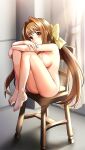  1girl barefoot bow breasts brown_eyes brown_hair chair closed_mouth completely_nude curtains doukyuusei_another_world full_body game_cg hair_bow hair_intakes hugging_own_legs indoors kakyuusei_2 large_breasts long_hair looking_at_viewer low_twintails modeling nude nude_modeling saimon_tamaki sideboob sitting smile solo sunlight twintails very_long_hair yellow_bow 