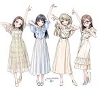  4girls akebi-chan_no_serafuku akebi_komichi alternate_costume animelo_summer_live arm_up bespectacled black_hair blonde_hair blush brown_hair dress frills full_body glasses head_tilt highres hiro_(dismaless) kizaki_erika kojou_tomono long_hair multiple_girls open_mouth outstretched_arm puffy_short_sleeves puffy_sleeves shoes short_sleeves signature simple_background smile standing twintails usagihara_touko white_background 