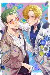  2boys absurdres black_pants blonde_hair blue_eyes blue_shirt body_writing bouquet brown_coat coat collarbone collared_shirt dongju_azuma earrings facial_hair falling_petals green_hair grin hair_over_one_eye hand_around_waist highres holding holding_bouquet jewelry kabedon looking_at_viewer male_focus multiple_boys necklace one_eye_closed one_piece pants petals polka_dot polka_dot_shirt roronoa_zoro sanji_(one_piece) scar scar_across_eye semi-rimless_eyewear shirt short_hair simple_background smile suit sunglasses t-shirt undershirt white_shirt white_suit 