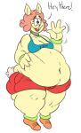  2018 4_fingers anthro belly big_belly biped bottomwear breasts buckteeth carol_(kaboodles) clothed clothing colored cotton_tail dialogue digital_drawing_(artwork) digital_media_(artwork) english_text exclamation_point female fingers front_view full-length_portrait fur gesture gym_bottomwear gym_clothing gym_shorts hair kaboodles lagomorph leporid mammal navel obese open_mouth orange_hair overweight overweight_anthro overweight_female portrait rabbit shirt shorts simple_background sketch smile solo sportswear standing tail tank_top teeth text text_on_clothing text_on_shirt text_on_tank_top text_on_topwear thick_thighs topwear waving white_background white_tail yellow_body yellow_fur 