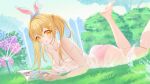  1girl absurdres animal_ears artist_request ass bare_shoulders barefoot blonde_hair book breasts cleavage collarbone copyright_request grass hair_between_eyes highres large_breasts legs_up long_hair looking_at_viewer lying on_stomach panties pink_panties rabbit_ears see-through tongue tongue_out twintails underwear yellow_eyes 