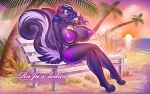  5_toes anthro beach bedroom_eyes big_breasts big_tail birthmark black_body black_fur blue_eyes blue_hair blue_tongue blush bodily_fluids breasts cheek_tuft crossed_legs detailed_background facial_tuft feet female fluffy fluffy_tail food food_between_breasts fur hair hi_res huge_breasts ice_cream_cone inner_ear_fluff looking_at_viewer mammal markings mephitid nails narrowed_eyes nude palm_tree pawpads plant plantigrade purple_body purple_fur purple_inner_ear_fluff purple_nose purple_pawpads rajas_ledies sand seaside seductive shalya_bushtail signature sitting_on_bench skull_and_crossbones skunk solo striped_body striped_fur striped_markings striped_skunk striped_tail stripes sunset sweat tail tail_markings toenails toes tongue tree tuft wavy_hair white_body white_fur 