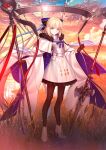  1girl ahoge armor blonde_hair bow breastplate cloud dress fate/grand_order fate_(series) full_body gloves grass hair_bow high_heels holding holding_staff long_hair looking_at_viewer official_art outdoors pantyhose polearm solo spear staff standing takeuchi_takashi tonelico_(fate) very_long_hair weapon 