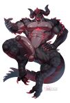  5_fingers abs absurd_res anthro balls big_penis biped claws fingers genitals glans hi_res horn humanoid_genitalia humanoid_penis male muscular muscular_anthro muscular_male pecs penis plna scalie simple_background solo tail text tongue tongue_out url vein veiny_penis white_background 