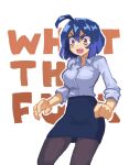  1girl absurdres ahoge black_skirt blue_hair breasts brown_pantyhose collared_shirt fang grey_shirt hcnone highres large_breasts long_sleeves office_lady open_mouth original pantyhose pencil_skirt pink_eyes shirt short_hair skirt skye_(hcnone) 