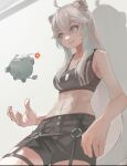  1girl absurdres against_wall ahoge animal_ear_piercing animal_ears bare_arms bare_shoulders black_shorts black_sports_bra breasts commentary_request dog_tags grey_eyes grey_hair grin hair_between_eyes hair_flaps highres hololive lion_ears long_hair mato_(target5260) medium_breasts midriff navel official_alternate_costume official_alternate_hairstyle shishiro_botan shishiro_botan_(3rd_costume) short_shorts shorts sideways_glance smile solo sports_bra ssrb_(shishiro_botan) straight_hair thigh_strap toned very_long_hair virtual_youtuber 