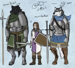  2023 anthro armor black_body black_fur blokfort blue_eyes boots bottomwear brown_eye brown_eyes canid canine canis clothing domestic_dog fantasy female footwear fur grey_body grey_eyes grey_fur group heterochromia hood human husky male mammal medieval_clothing melee_weapon model_sheet nordic_sled_dog pants polearm scarf shield simple_background skirt spear spitz straps sword weapon white_body white_fur wolf 