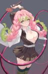  1girl absurdres ai_dongdong arms_up breasts demon_slayer_uniform floating_hair gradient_hair green_eyes green_hair green_thighhighs grey_background highres holding holding_sword holding_weapon kanroji_mitsuri kimetsu_no_yaiba large_breasts long_hair multicolored_hair pink_hair simple_background solo sword thighhighs thighs two-tone_hair weapon whip_sword 