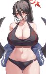  1girl ass_visible_through_thighs bare_shoulders black_hair black_sports_bra black_wings blue_archive blue_jacket breasts cleavage collarbone commentary cowboy_shot feathered_wings hair_between_eyes halo hasumi_(blue_archive) high_ponytail highres huge_breasts jacket kuavera long_hair long_sleeves looking_at_viewer low_wings mole mole_under_eye navel open_clothes open_jacket parted_lips raised_eyebrows red_eyes skindentation sleeves_past_fingers sleeves_past_wrists solo sports_bra sweat thighs track_jacket wings zipper 