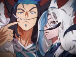  1boy 1girl animal_ears black_feathers black_hair blue_eyes blue_hair closed_mouth couple feathers hair_over_one_eye league_of_legends long_hair looking_at_viewer medium_hair multicolored_hair parted_lips pointing pointing_at_self rakan_(league_of_legends) red_background sidelocks simple_background ssg_rakan ssg_xayah two-tone_hair upper_body white_feathers white_hair xayah zaket07 