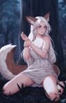  1girl animal_ear_fluff animal_ears artist_name blue_eyes blurry brown_eyes commentary depth_of_field dress english_commentary fox_ears fox_girl fox_tail freckles heterochromia highres holding_own_wrist long_hair losse_(personal_ami) on_ground original personal_ami serious signature sitting sleeveless sleeveless_dress strap_slip tail torn_clothes torn_dress tree wariza white_dress white_hair 