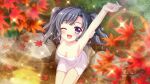  1girl arm_behind_head arm_up armpits autumn_leaves black_hair blue_eyes breasts cleavage collarbone dot_nose film_grain from_above game_cg itsumura_yukari izumi_tsubasu lens_flare looking_at_viewer medium_breasts medium_hair naked_towel non-web_source official_art one_eye_closed onsen open_mouth outdoors re:stage! rock sitting smile solo sparkle stretching towel twintails white_towel 