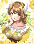  1girl breasts brown_eyes brown_hair cleavage collarbone dress fire_emblem fire_emblem_engage floral_print flower goldmary_(fire_emblem) hair_over_shoulder hair_ribbon hand_on_own_cheek hand_on_own_face highres kakiko210 low_ponytail medium_breasts open_mouth ribbon smile solo upper_body yellow_dress yellow_flower 